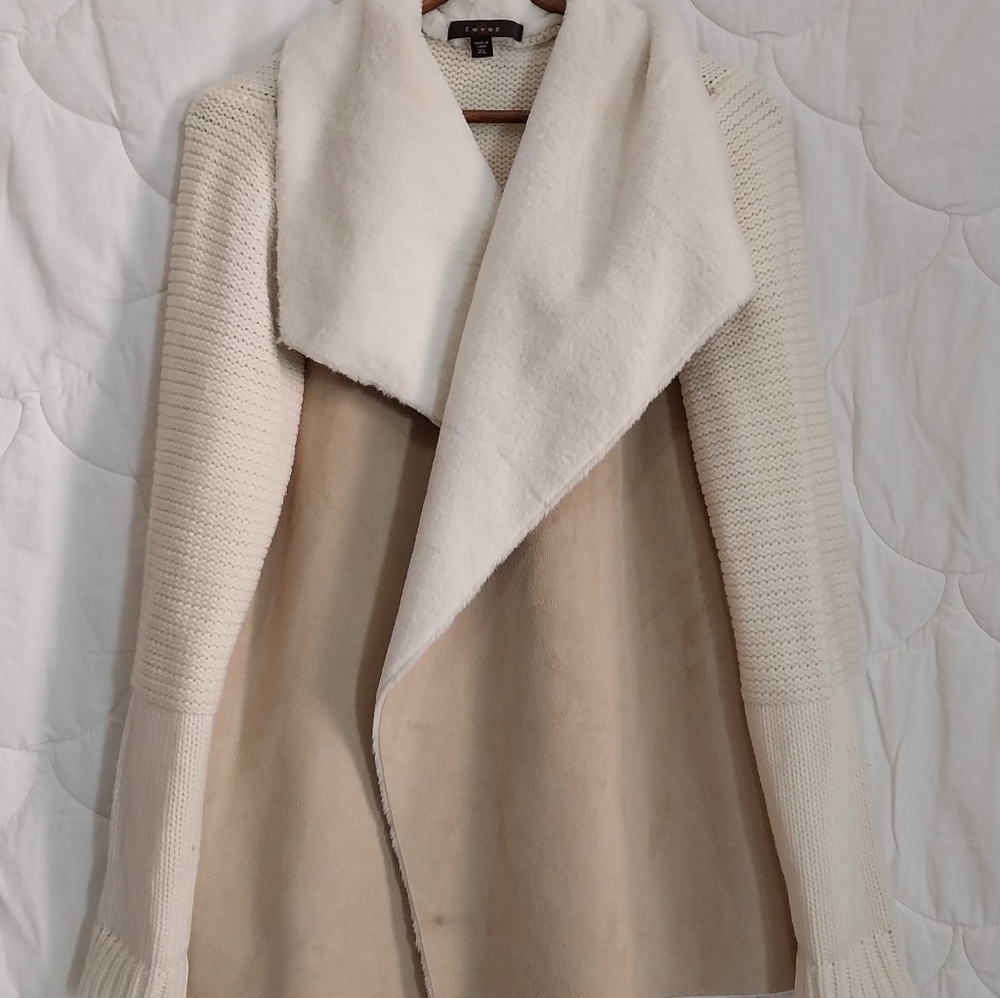 Fever Women's XL Cascade Collar Beige/Tan Knit Faux Suede & Sherpa Knit Jacket - Picture 9 of 13